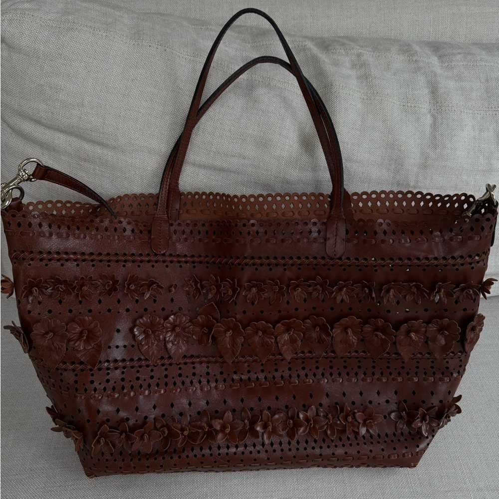 Valentino Brown Leather Floral Tote Bag